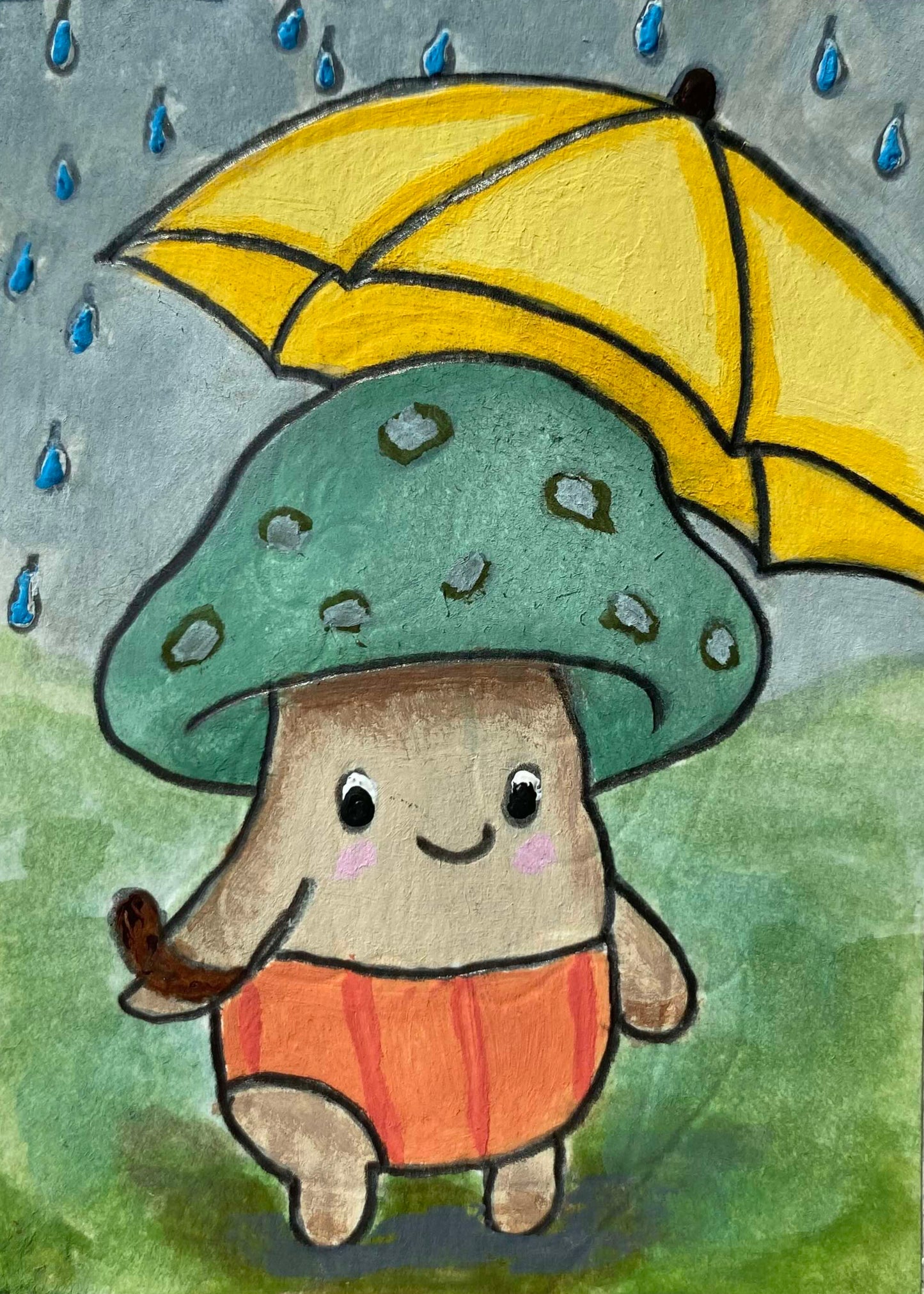 Cartoon mushroom with a yellow umbrella in the rain