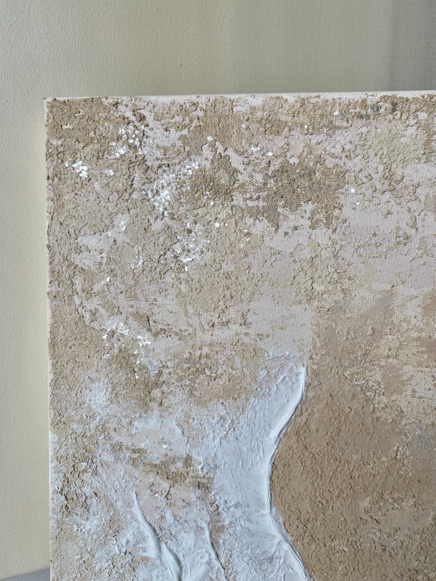 Close-up of upper section of "Body of Water No. 3" highlighting shimmering mica flakes and clear crystal quartz embedded in textured shoreline patterns.