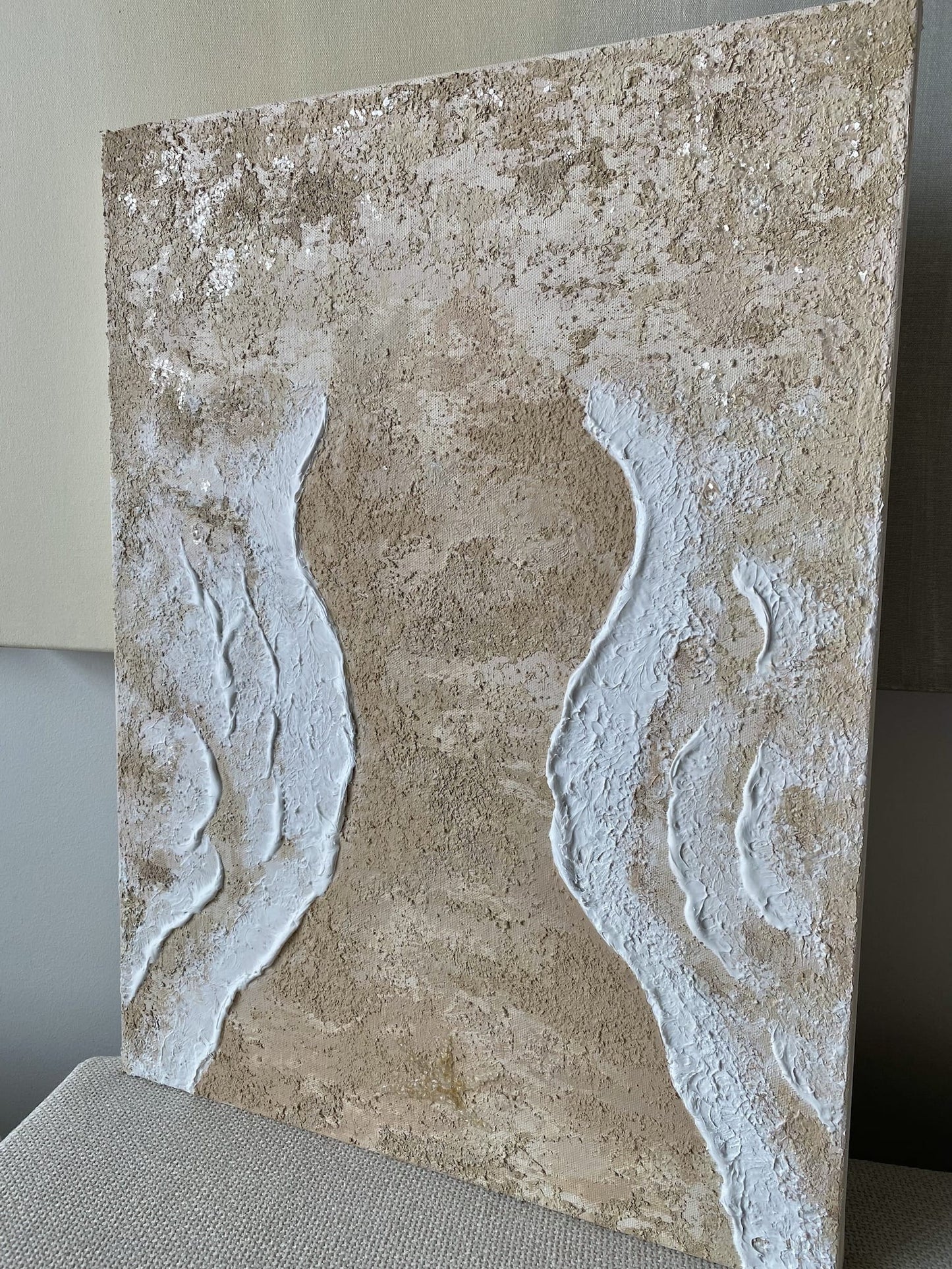 Side angle view of "Body of Water No. 3" showcasing gallery-depth canvas, sculpted coastal waves, and organic sandy textures.