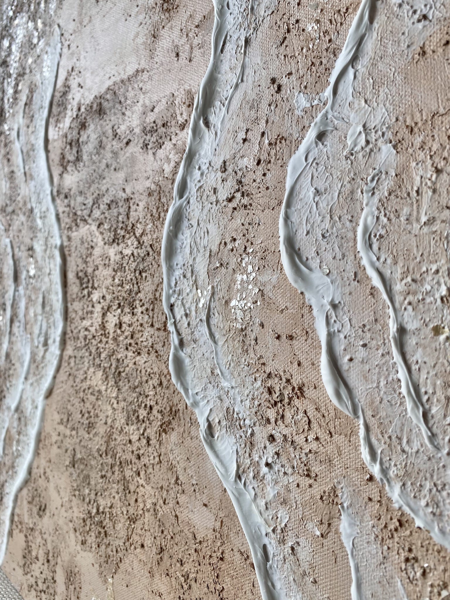 Closeup of white shoreline waves and natural sandy textures blending across the canvas in "Body of Water No. 4" abstract painting.