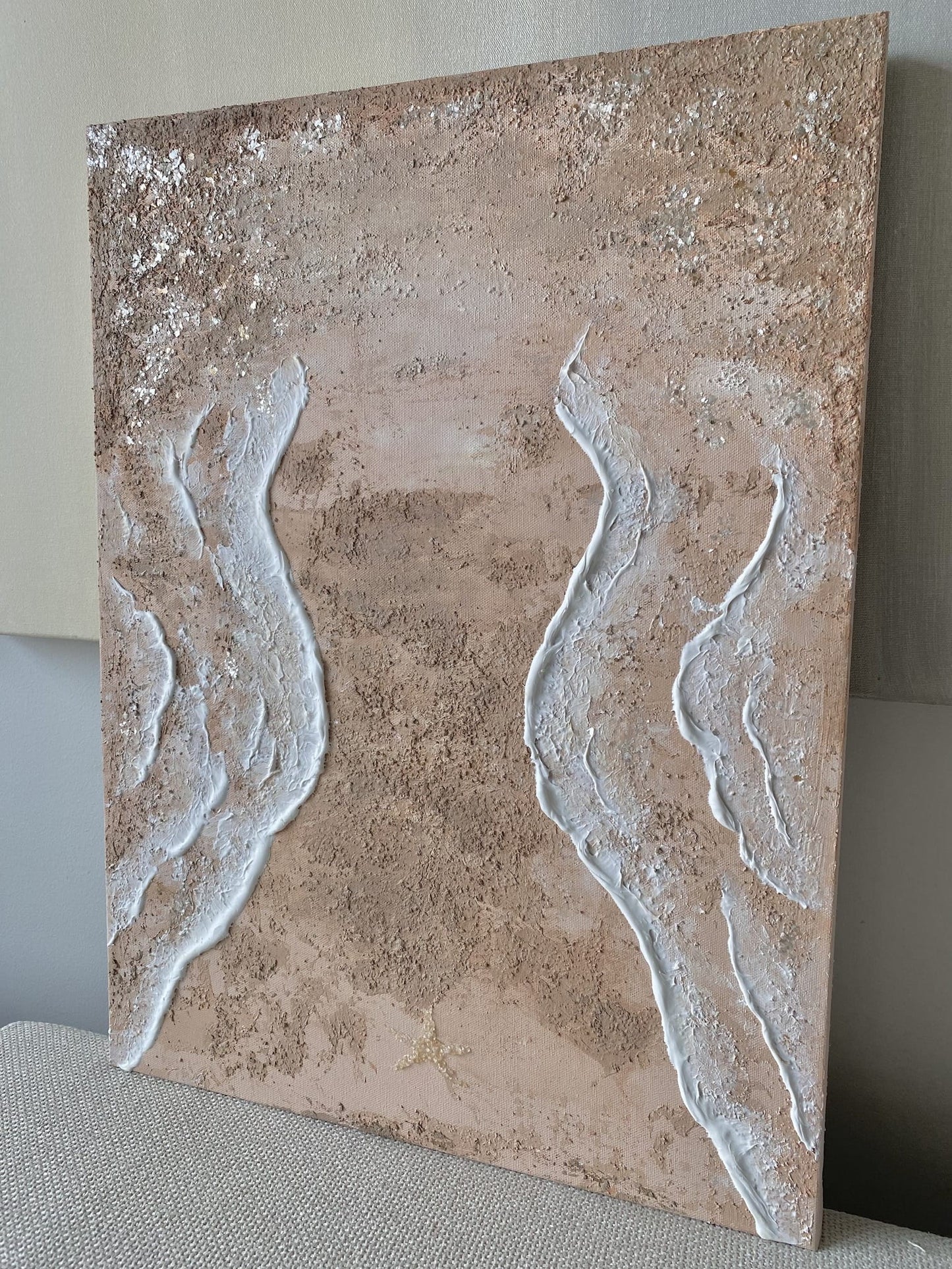 Angled side view of "Body of Water No. 4" original art piece capturing the textured canvas and shimmering mica details under natural light.