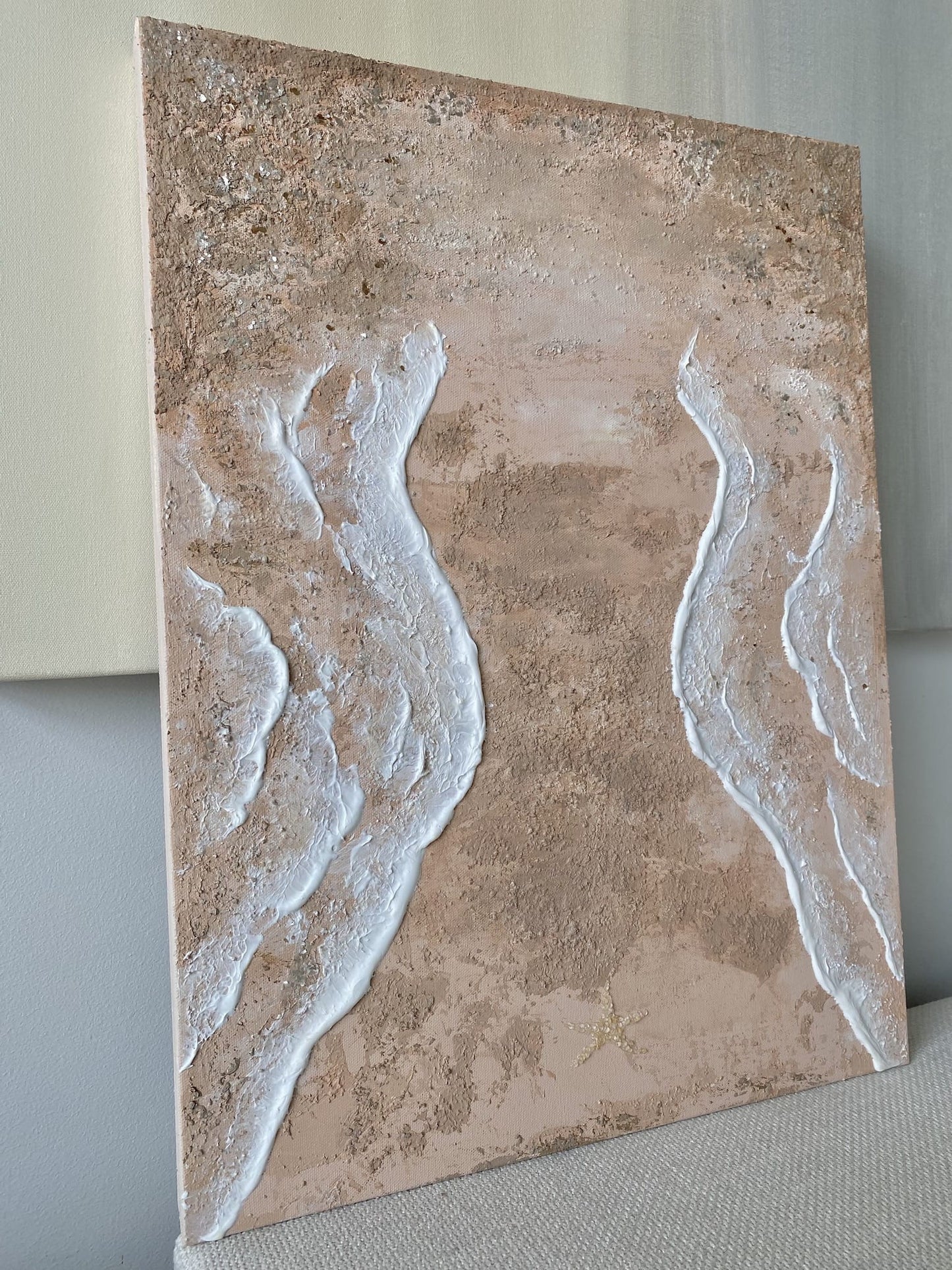 Side angle view highlighting the three-dimensional texture of the shoreline waves and earthy modelling paste on "Body of Water No. 4".