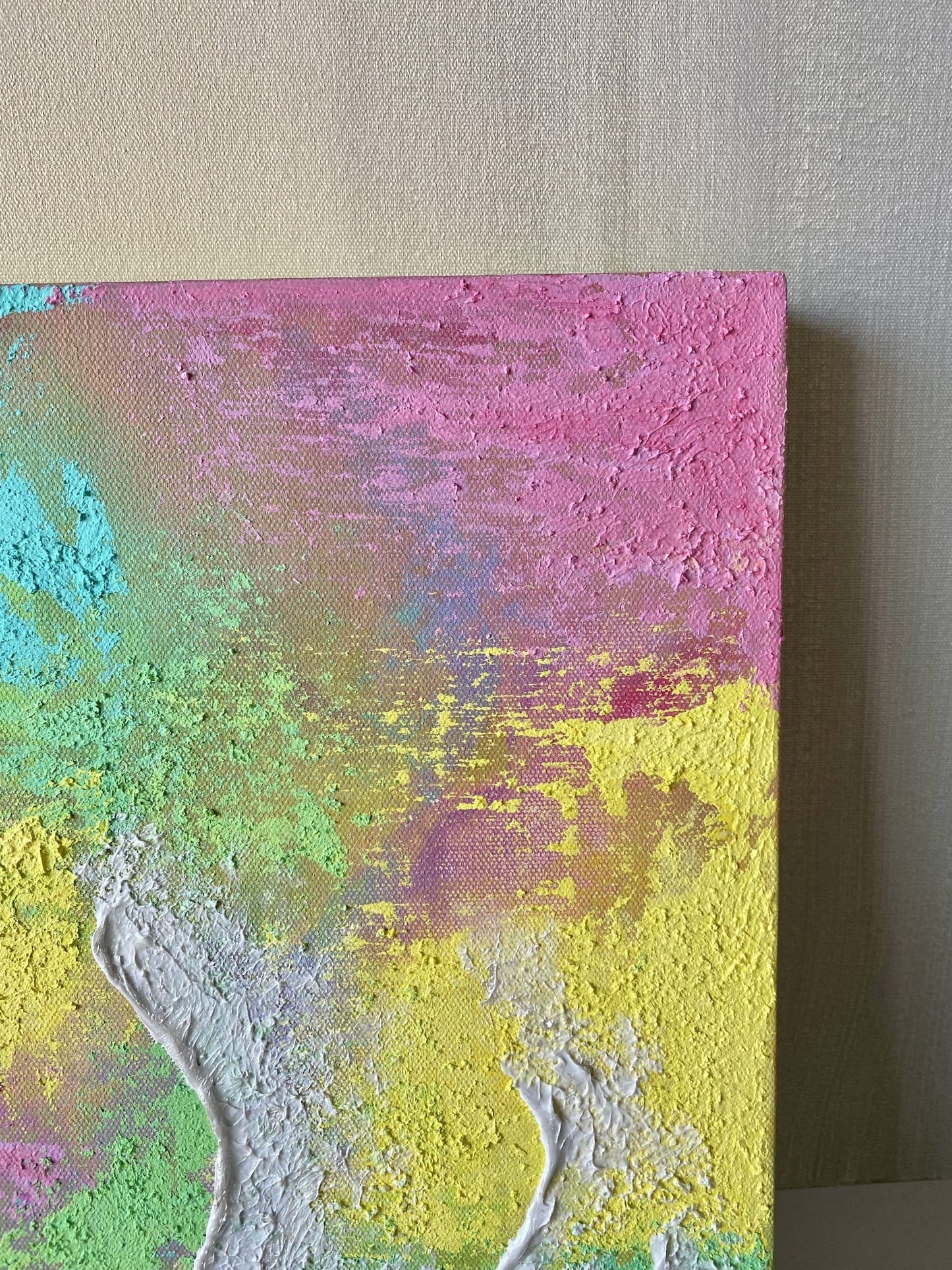 Top right corner detail of "Body of Water No.5," focusing on textured pink hues blending into vibrant yellow and green.