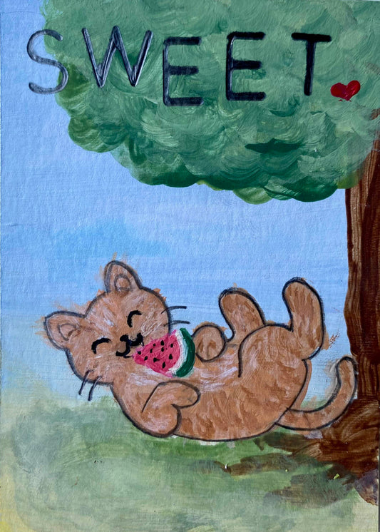 Painting of a cat eating watermelon under a tree with 'SWEET' text on a light blue background