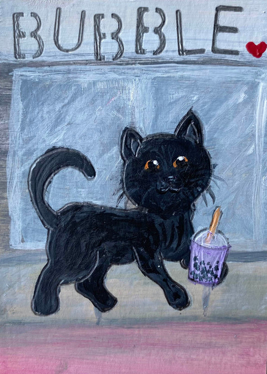 Painting of a black cat holding a bubble tea with 'Bubble' text above.