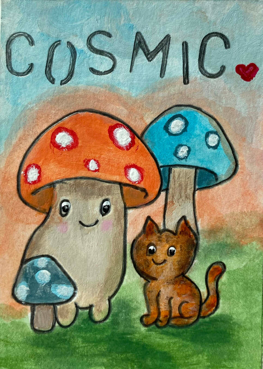 Card with cartoon mushrooms and a cat, labeled 'Cosmic', on a light background
