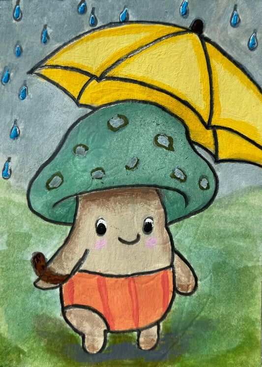 Cartoon mushroom with a yellow umbrella in the rain