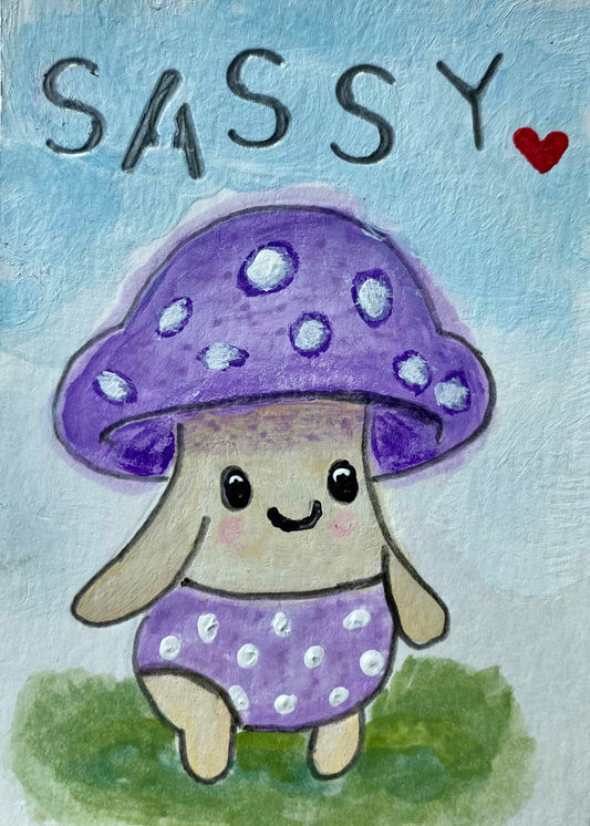 Illustration of a cute character with a purple mushroom hat and polka dot outfit on a light blue background.