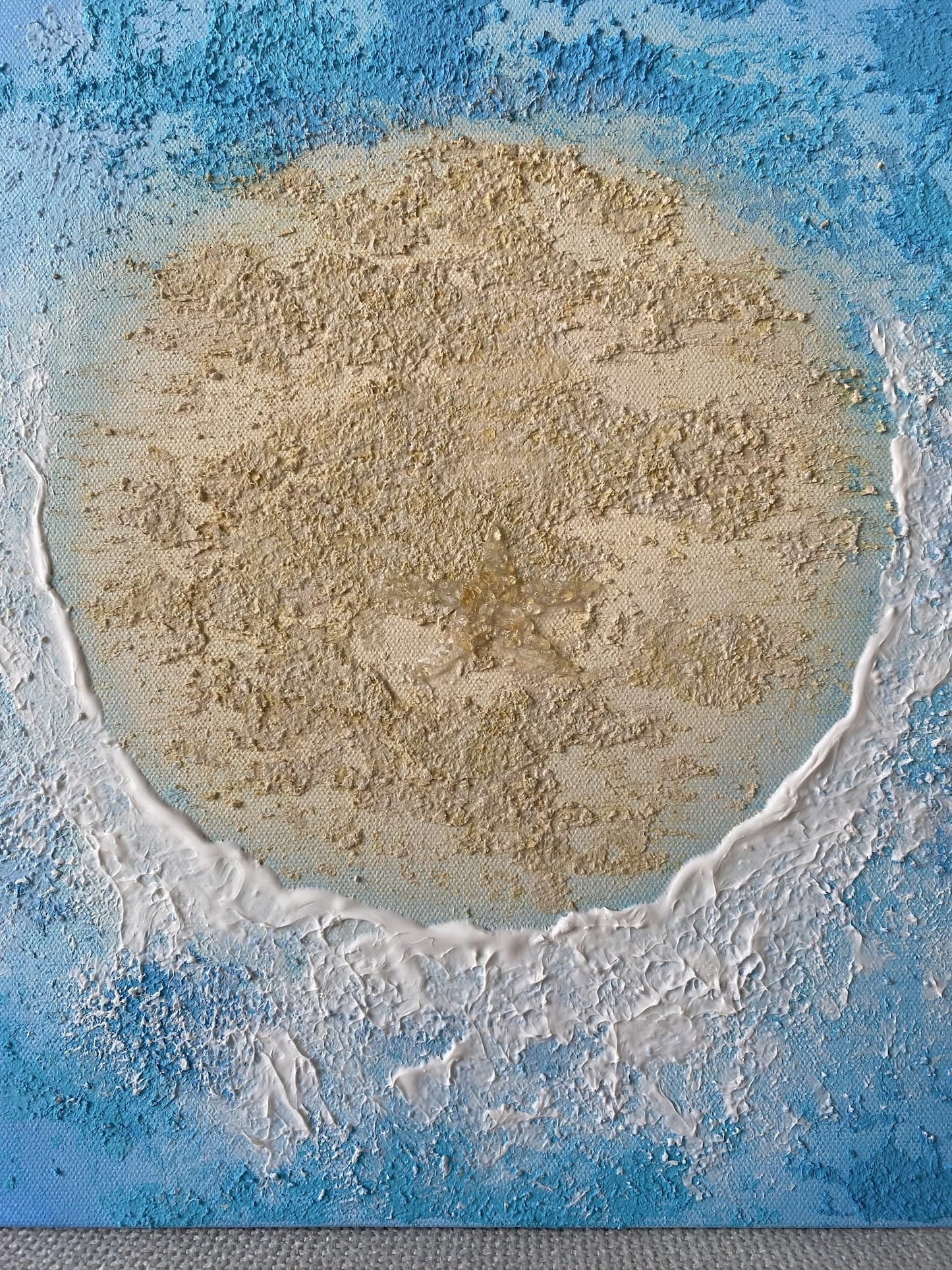 Close-up of natural crystal and textured sand detailing on one island in the original ocean-inspired artwork.