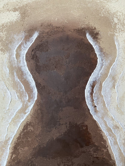 Bottom close-up of "Body of Water No. 1" – abstract shoreline textures and natural coastal tones blending with crystal embellishments.