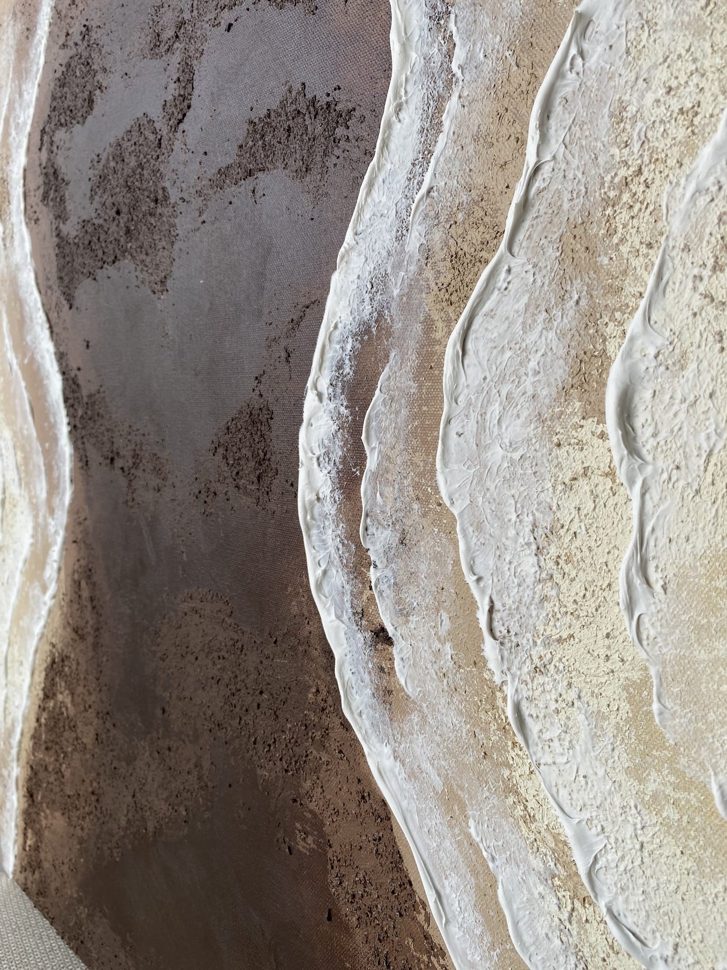 Close-up of "Body of Water No. 1" – earthy textured surface shaped with flexible modelling paste, inspired by shoreline landscapes.