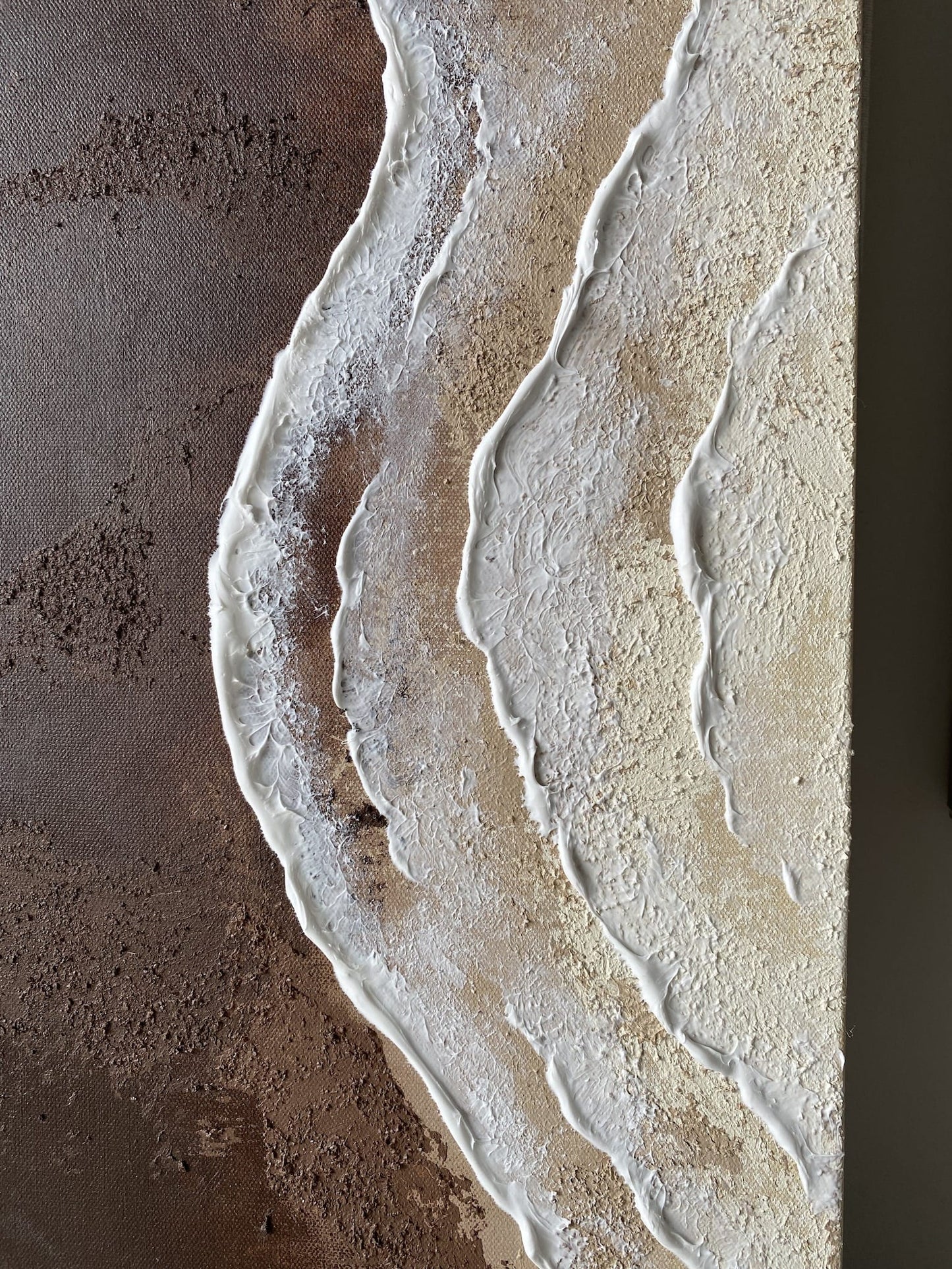 Close-up detail of "Body of Water No. 1" – clear crystal quartz and flexible modelling paste creating textured ocean-like movement.