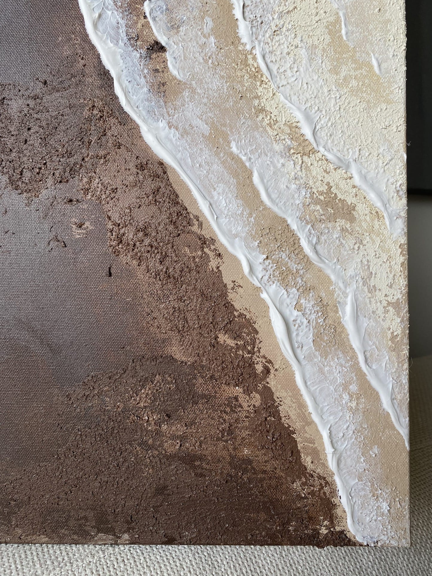 Detail view of "Body of Water No. 1" – flowing white curves symbolizing ocean waves and the feminine form, with organic coastal textures.