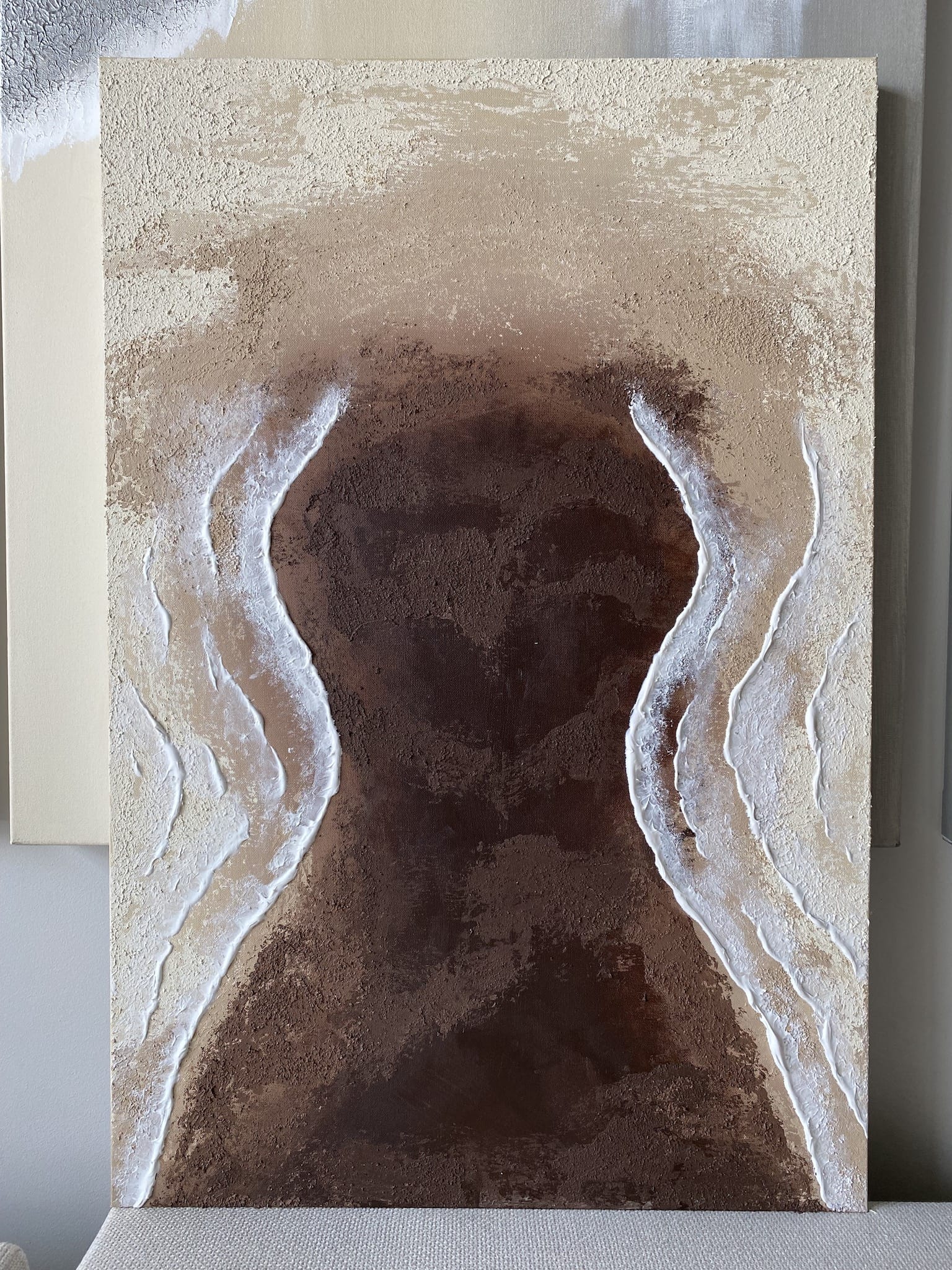 Full view of "Body of Water No. 1" – original abstract ocean artwork by Infinity Too, featuring earthy textures and feminine coastal forms on gallery-wrapped canvas