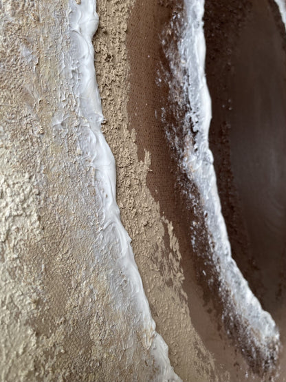 Detail of "Body of Water No. 2" highlighting earthy textures and flexible modelling paste shaped into organic shoreline forms.