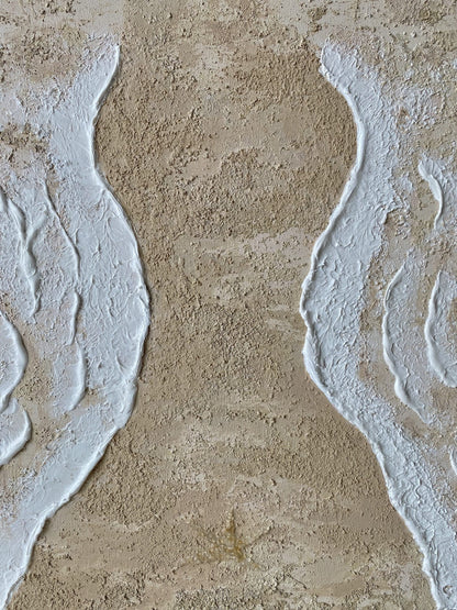 Midsection close-up of "Body of Water No. 3" showing sculpted curves in soft sandy beige and creamy white, inspired by waves meeting the shore.