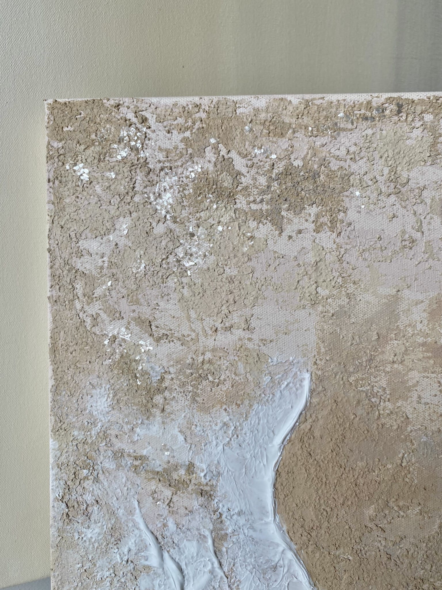 Close-up of upper section of "Body of Water No. 3" highlighting shimmering mica flakes and clear crystal quartz embedded in textured shoreline patterns.