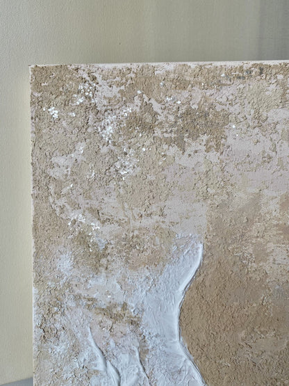 Close-up of upper section of "Body of Water No. 3" highlighting shimmering mica flakes and clear crystal quartz embedded in textured shoreline patterns.