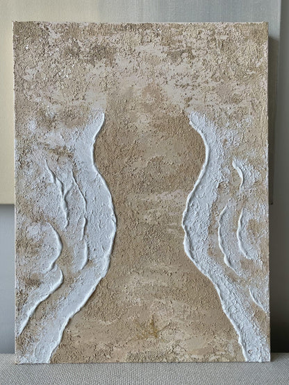 Full front view of "Body of Water No. 3" – original abstract ocean art featuring soft sandy beige, creamy white textures, and feminine shoreline curves.