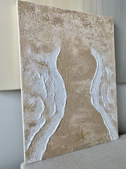 Side profile of "Body of Water No. 3" showing layered flexible modelling paste, creamy white shoreline forms, and earthy coastal tones.
