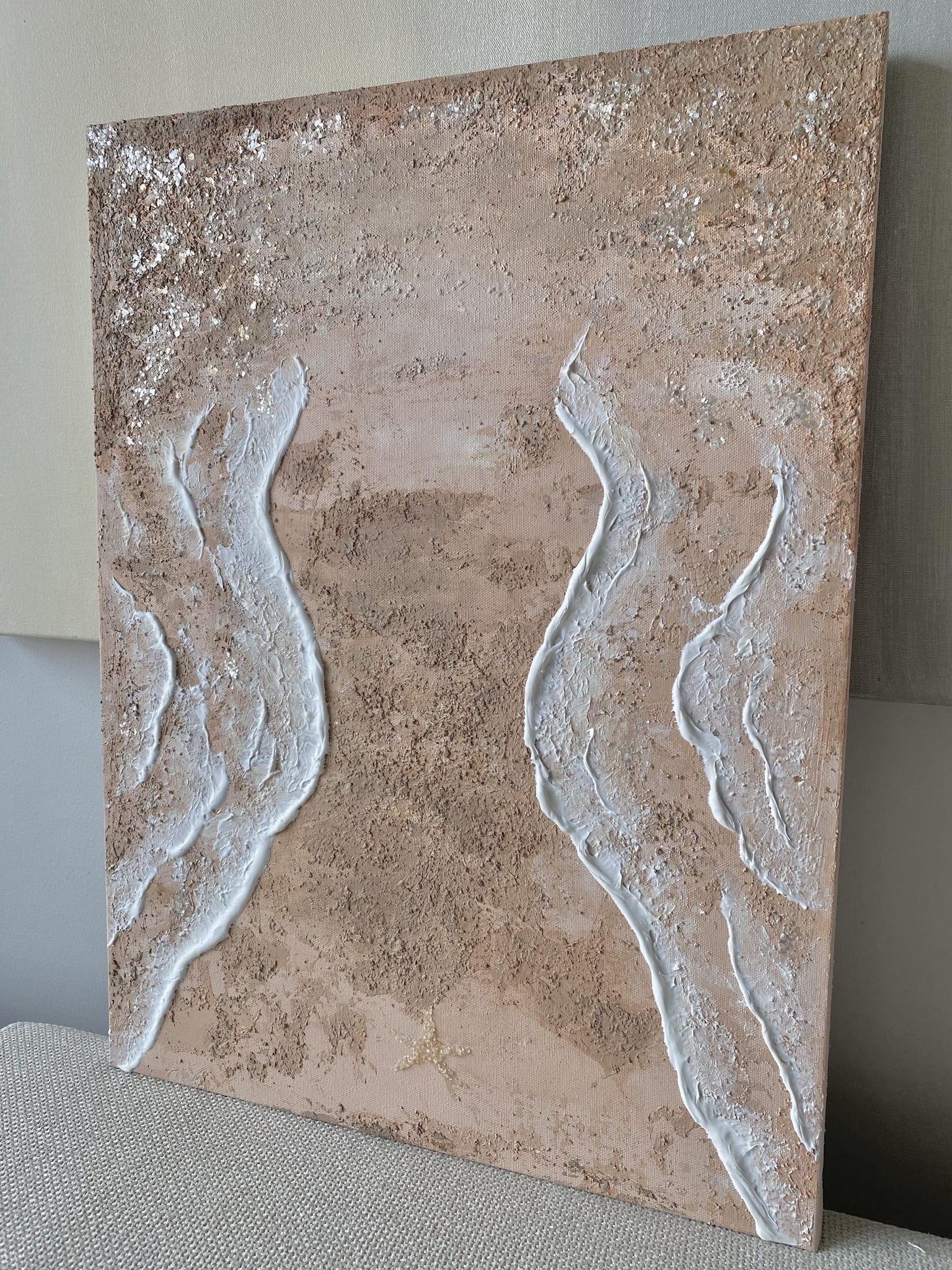 Angled side view of "Body of Water No. 4" original art piece capturing the textured canvas and shimmering mica details under natural light.