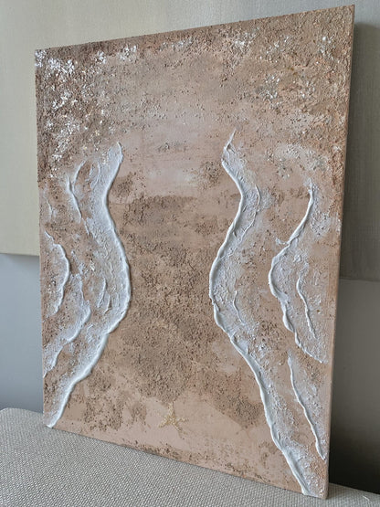 Angled side view of "Body of Water No. 4" original art piece capturing the textured canvas and shimmering mica details under natural light.