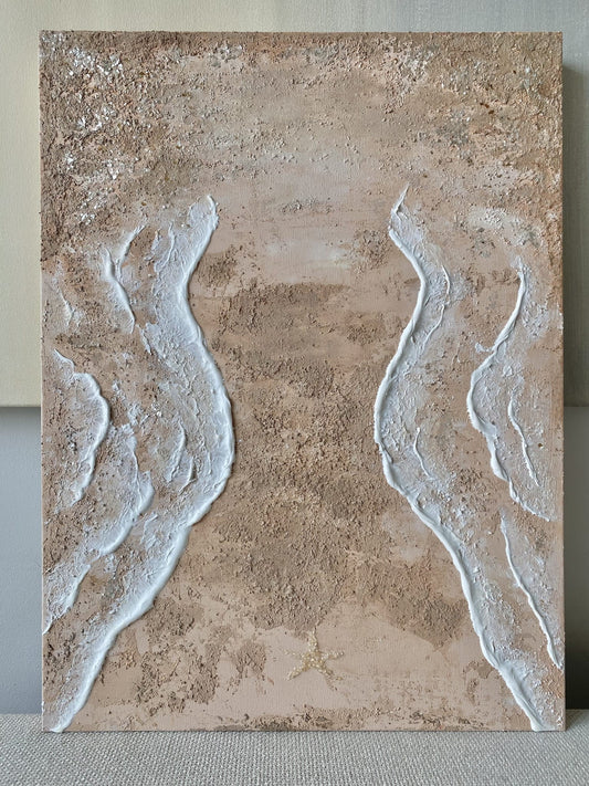 Full front view of "Body of Water No. 4" abstract ocean-inspired artwork showing feminine shoreline silhouette with textured earth tones and white waves.