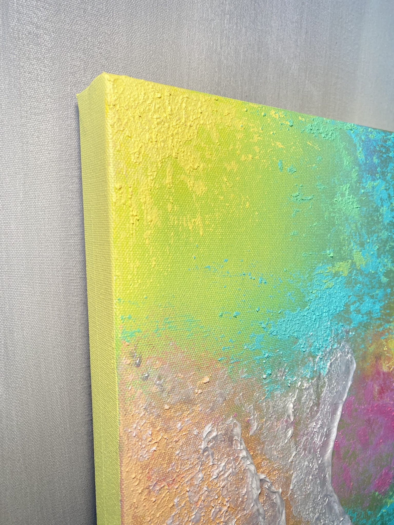 Detailed section of "Body of Water No.5" showing vivid coral-like tones in pink, yellow, green, and turquoise textured paint.