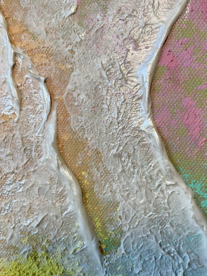 Close-up of iridescent white wave textures on "Body of Water No.5," revealing luminous effects and layered modelling paste details.