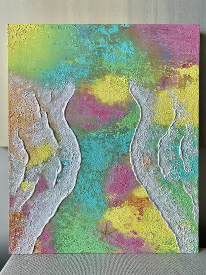 Full view of the "Body of Water No.5" original artwork, featuring vibrant coastal colours and feminine wave forms on a 20" x 24" gallery-wrapped canvas.