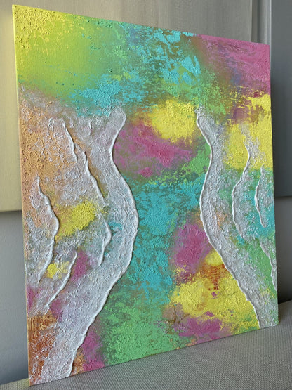 Side angle of "Body of Water No.5" original artwork, showing textured waves and vibrant colour blending on the canvas edges.