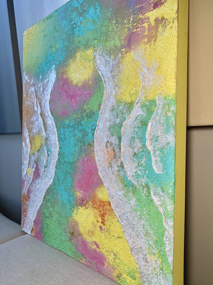 Slanted side view of "Body of Water No.5" original artwork, highlighting the organic shape of waves and the textured shoreline.
