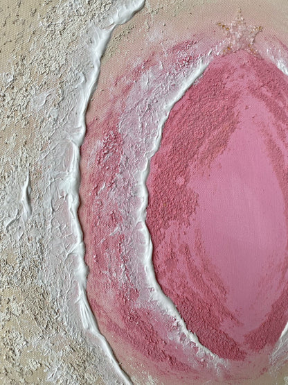 Closeup showing textured layers and soft pink, beige, and white tones in abstract beach art with modelling paste and crystals.