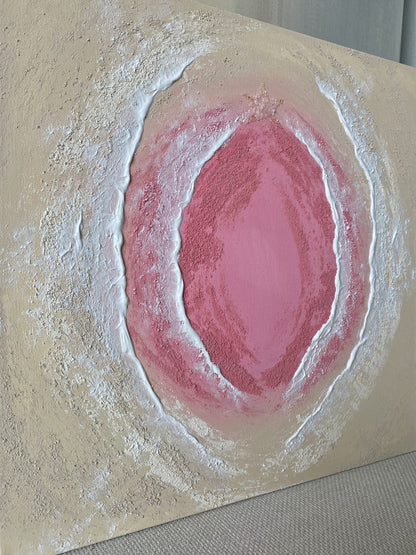 Side angle view of pink and neutral-toned textured abstract art with organic wave forms and earthy texture