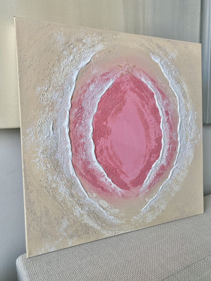 Front view of textured pink sand beach-inspired abstract artwork with feminine body wave forms and crystal starfish detail